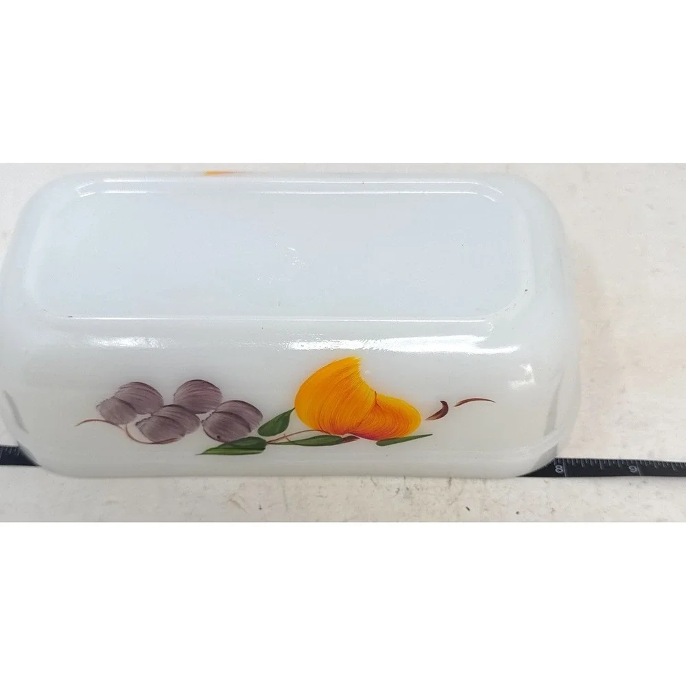 Vintage Fire King Milk Glass Loaf Pan Painted Fruit
